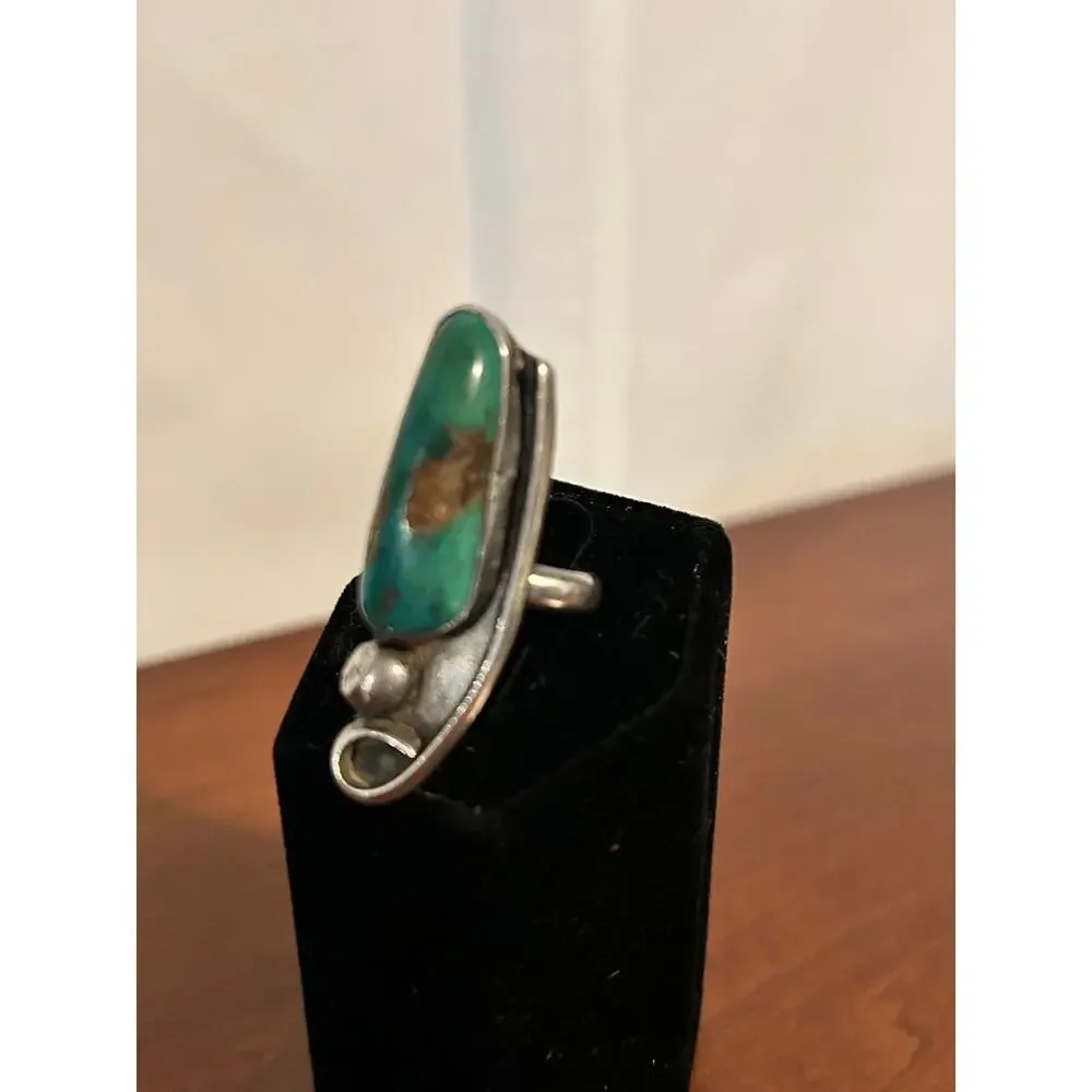 Vintage S W Southwestern Real Turquoise Ring Size 5.75 Silver Tone Bezel Set